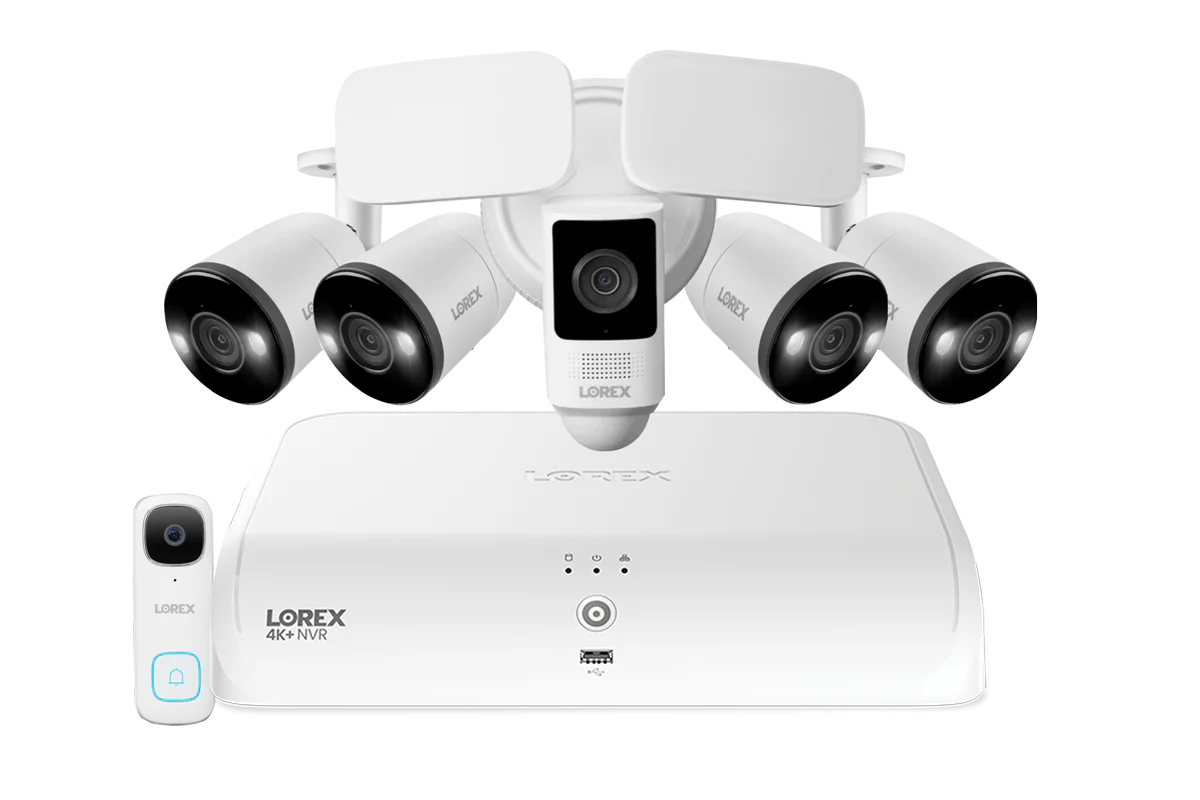 Lorex Fusion 4K+ 16 Channel (8 Wired + 8 Fusion Wi-Fi) 2TB NVR System with Four H13 Wired 4K IP Bullet Cameras, One 2K Wired Doorbell, and One 2K Floodlight