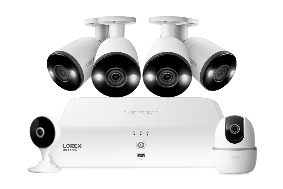 Lorex Fusion 4K+ 16 Channel (8 Wired + 8 Fusion Wi-Fi) 2TB NVR System with Four H13 Wired 4K IP Bullet Cameras, One 2K Pan-Tilt Camera, and One 2K Indoor Wi-Fi Camera