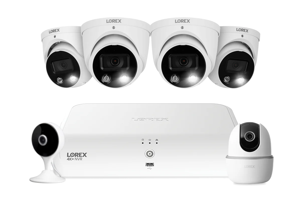 Lorex Fusion 4K+ 16 Channel (8 Wired + 8 Fusion Wi-Fi) 2TB NVR System with Four H13 Wired 4K IP Dome Cameras, One 2K Pan-Tilt Camera, and One 2K Indoor Wi-Fi Camera