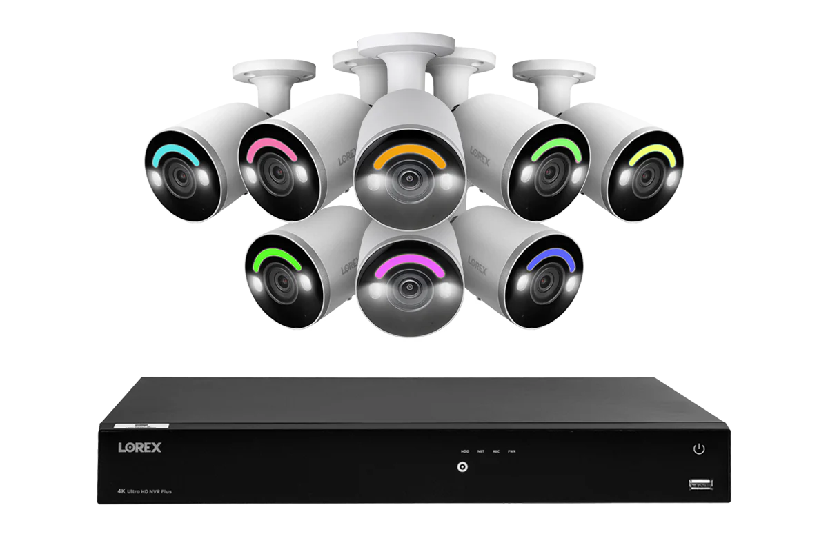 Lorex Fusion 4K (16 Camera Capable) 4TB Wired NVR System with Eight Bullet Camera Featuring Smart Security Lighting and 2-Way Audio