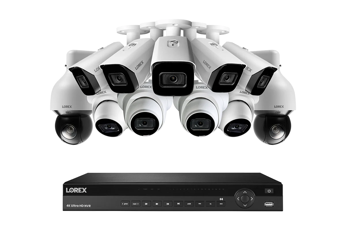 Lorex 4K 4TB Wired NVR System with Five Nocturnal 3 Bullet Cameras, Four Nocturnal 3 Turret Cameras and Two 4K Pan-Tilt-Zoom Cameras